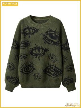 Goth Punk Y2K Graphic Eye Cropped Crewneck Pullover Sweater Long Sleeve